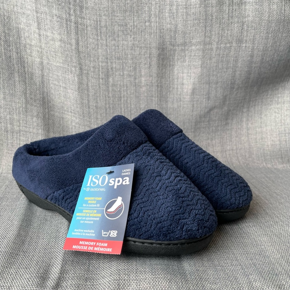 Isotoner Slippers Womens 9.5-10 Blue Microterry Slip On Memory Foam Non Slip